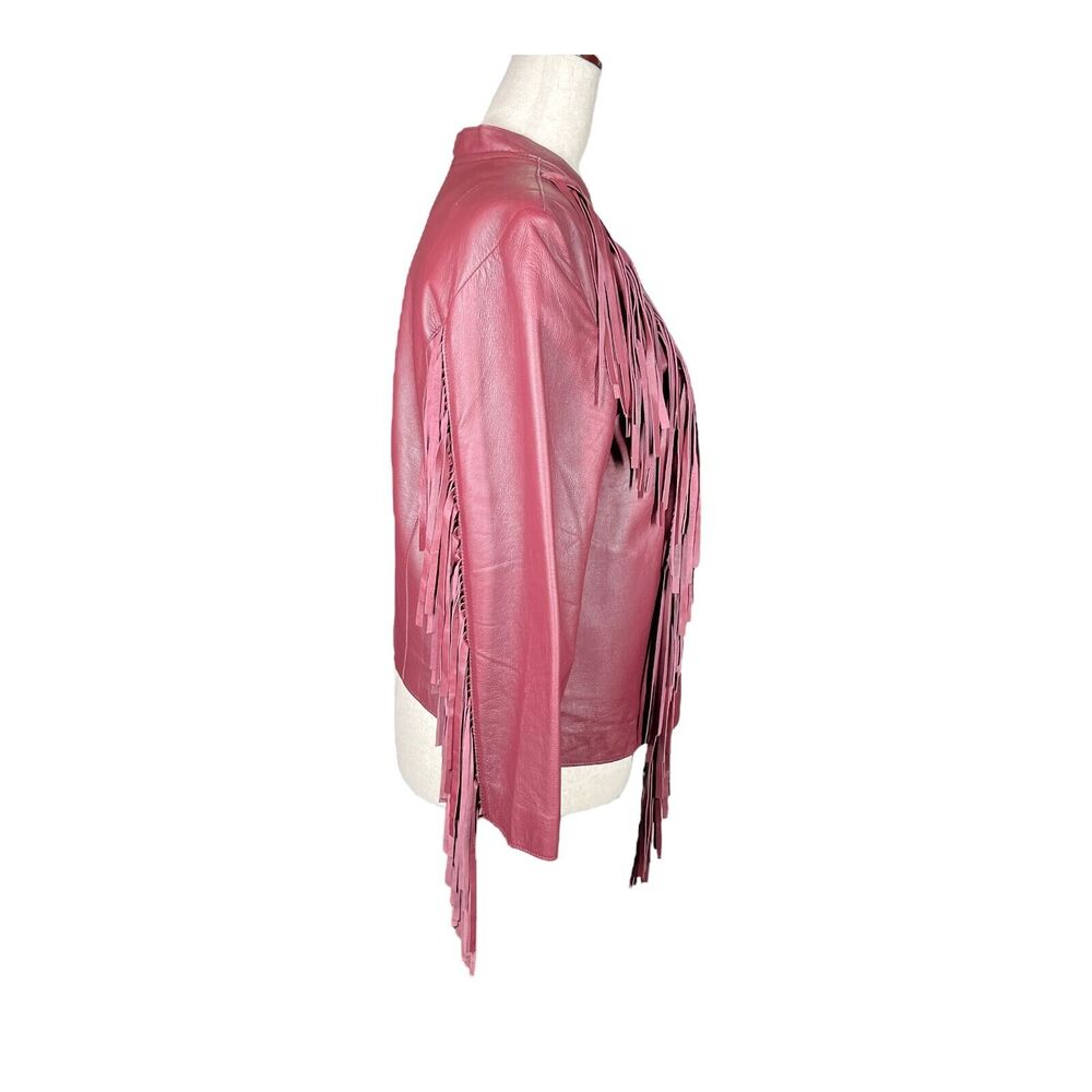 Cleobella Everly Fringe Moto 100% Genuine Sheep Leather Jacket Burgundy Red L - Picture 7 of 13